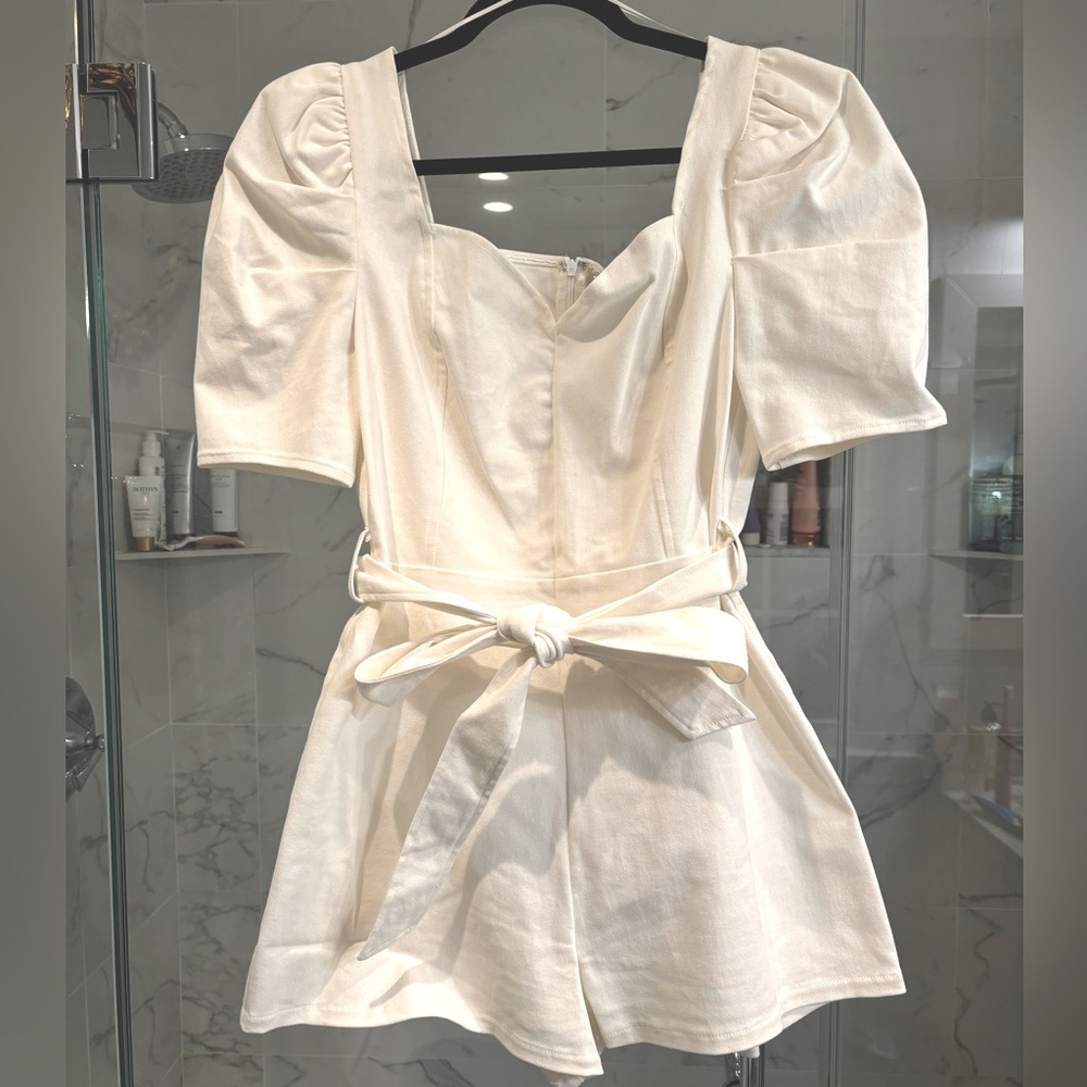 White Cream Denim Puff Sleeve Belted Romper